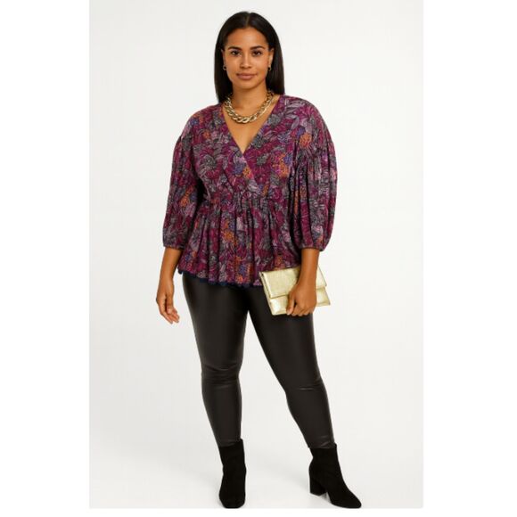 520 Women's Floral Peplum Blouse – Boho Puff Sleeve Top, Purple Multi Print - Picture 1 of 3